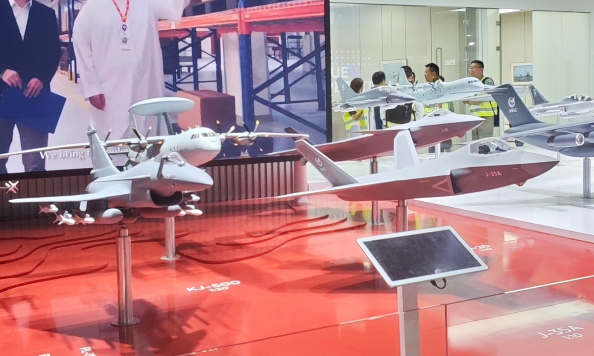 Scale models of Chinese military aircraft are on display at the booth of the state-owned Aviation Industry Corporation of China (AVIC) in preparation for the 55th Paris Air Show, which runs from June 16 to 22, 2025 in Paris, France. Photo: Screenshot from the official WeChat account of AVIC

