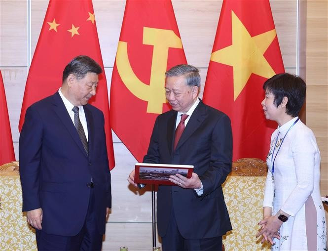 苏林总书记向中共中央总书记、国家主席习近平赠送越南通讯社出版有关习近平历次访越的画册。图自越通社