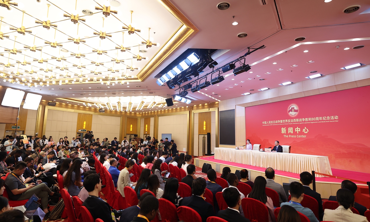 The press center of Commemoration of 80th Anniversary of Victory of Chinese People's Resistance against Japanese Aggression and World Anti-Fascist War holds a press conference in Beijing, August 29, 2025. Chinese Vice Foreign Minister Ma Zhaoxu attended the press conference. Photo: VCG