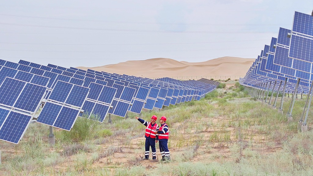 Desert solar power plants enabling green development in Ordos, north China's Inner Mongolia Autonomous Region, August 13, 2025. /VCG