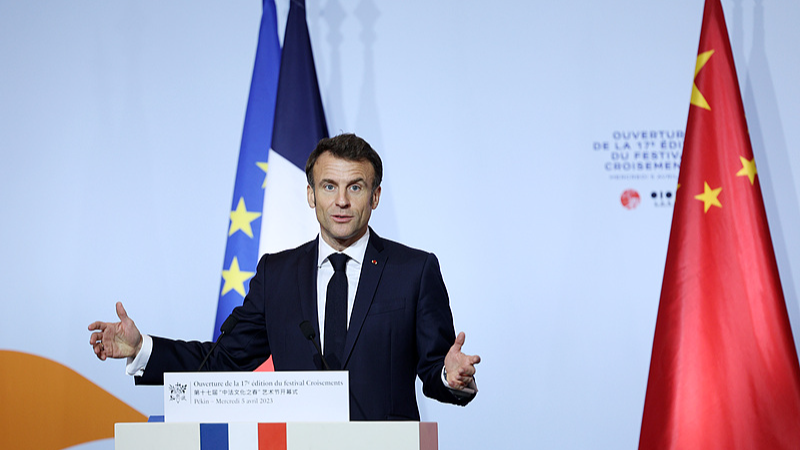 French President Emmanuel Macron speaks at an event in Beijing, China, April 5, 2023. /VCG